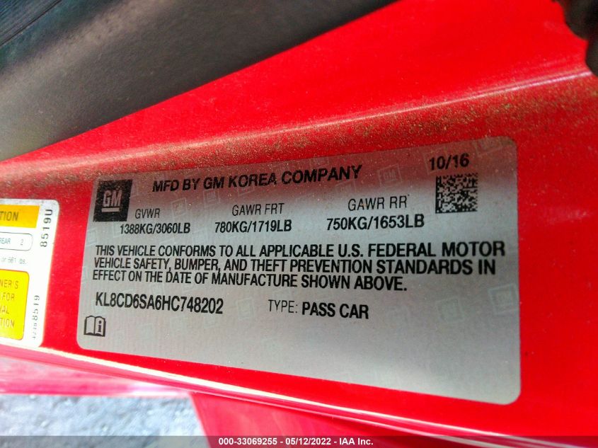 2017 CHEVROLET SPARK LT KL8CD6SA6HC748202
