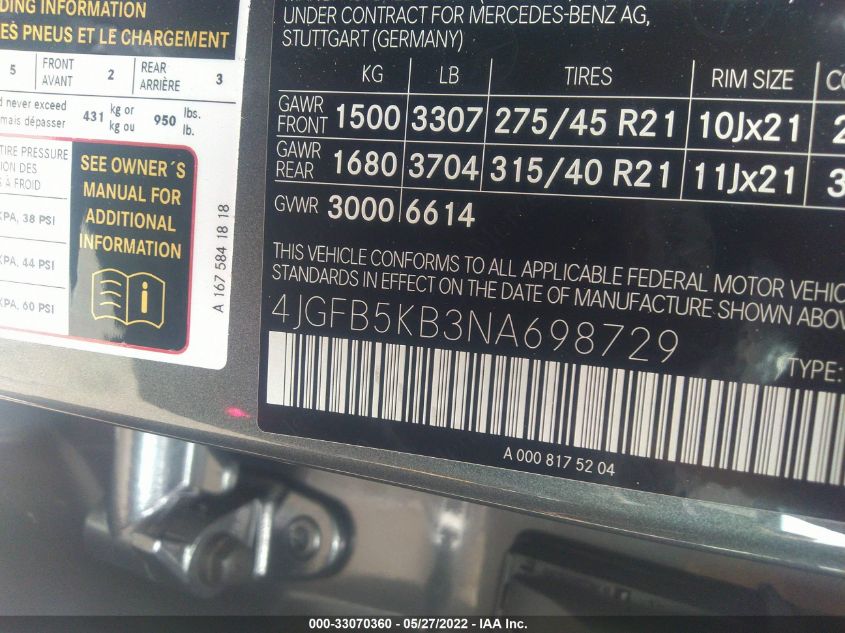 2022 MERCEDES-BENZ GLE GLE 450 4JGFB5KB3NA698729