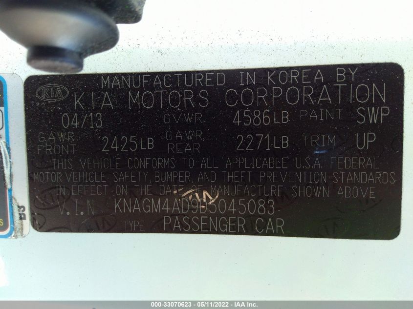 2013 KIA OPTIMA HYBRID LX KNAGM4AD9D5045083