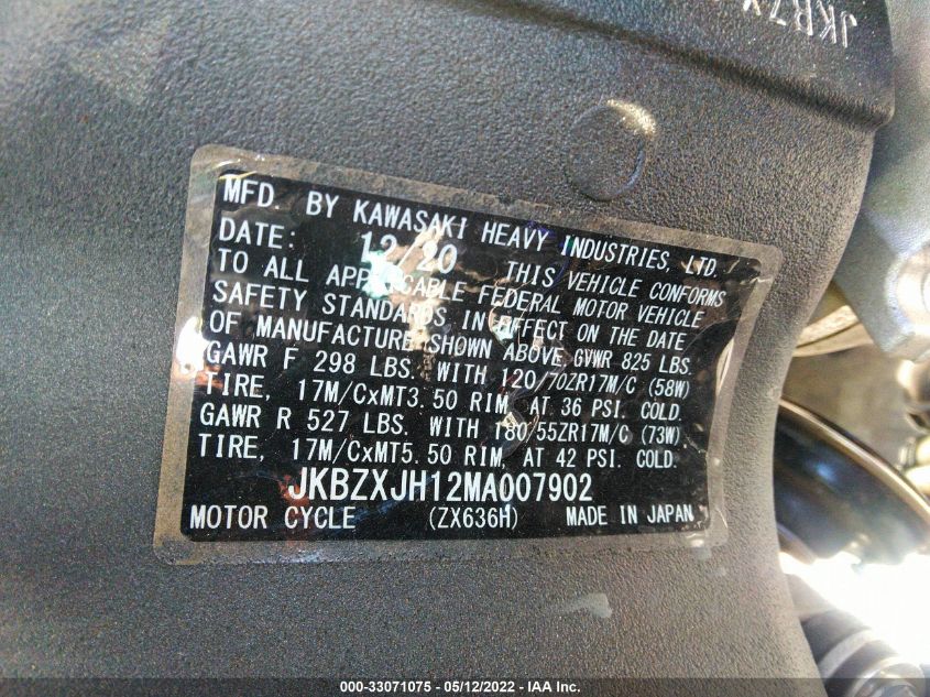 2021 KAWASAKI ZX636 K JKBZXJH12MA007902