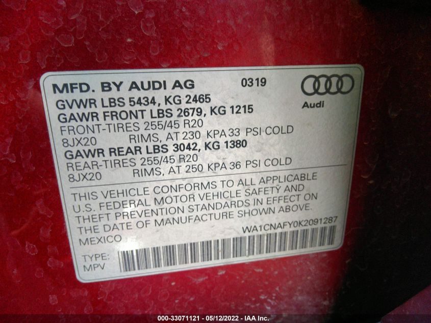2019 AUDI Q5 PRESTIGE WA1CNAFY0K2091287