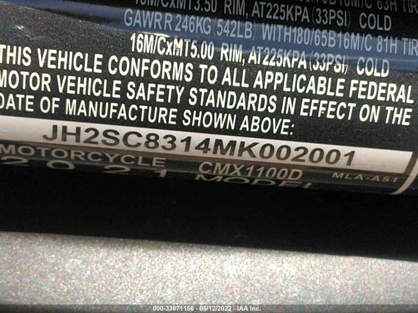 2021 HONDA CMX1100 D JH2SC8314MK002001