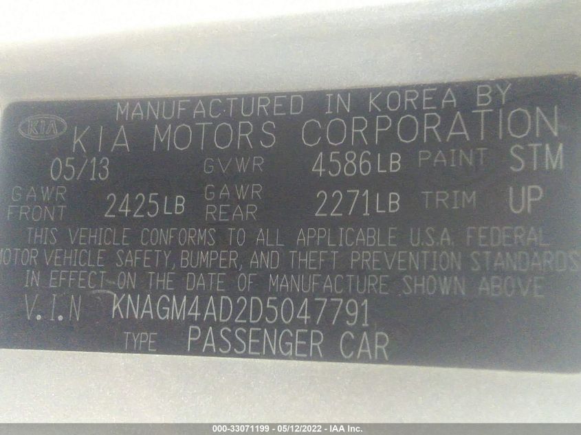 2013 KIA OPTIMA HYBRID LX KNAGM4AD2D5047791