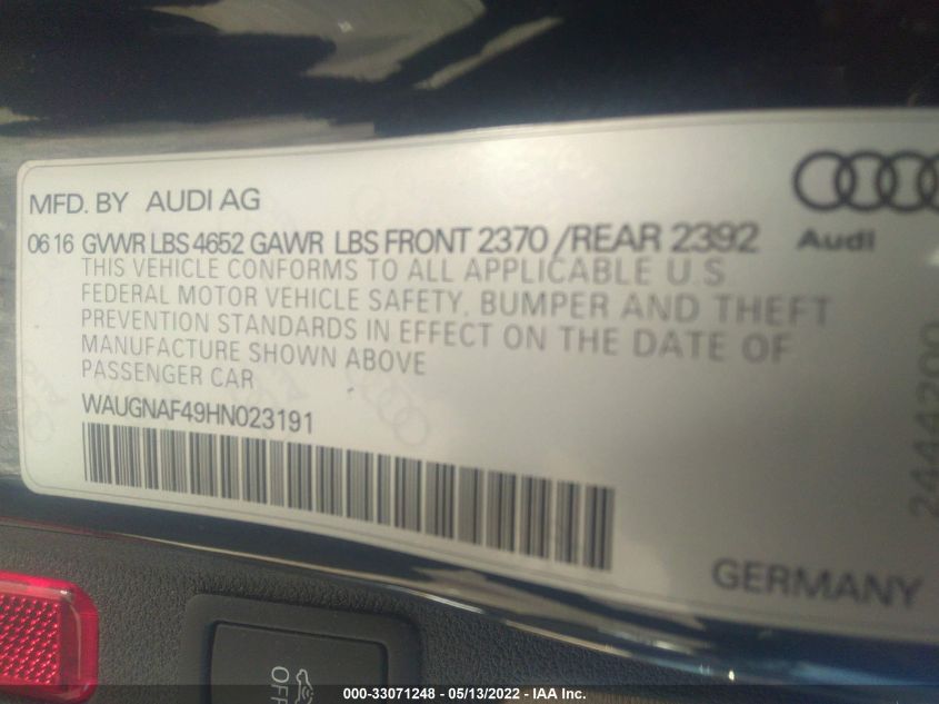 2017 AUDI A4 PREMIUM WAUGNAF49HN023191