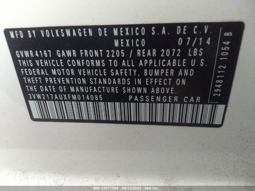 2015 VOLKSWAGEN GOLF TSI S 3VW217AUXFM014085