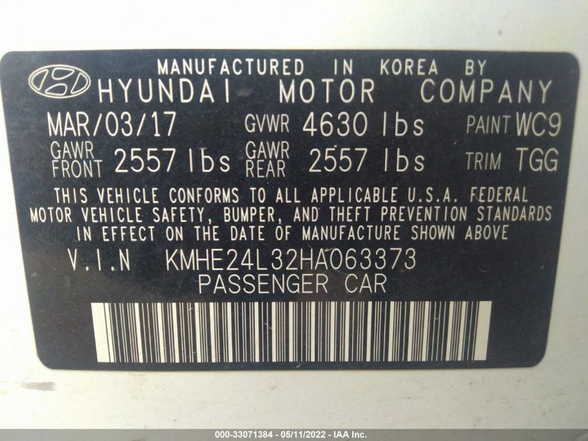 2017 HYUNDAI SONATA HYBRID SE KMHE24L32HA063373