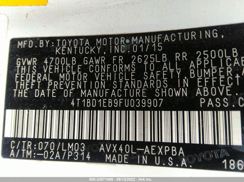 2015 TOYOTA AVALON HYBRID XLE TOURING/LIMITED 4T1BD1EB9FU039907