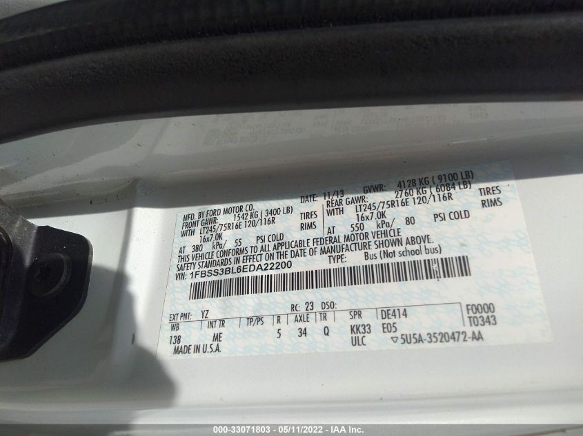 2014 FORD ECONOLINE WAGON XLT 1FBSS3BL6EDA22200