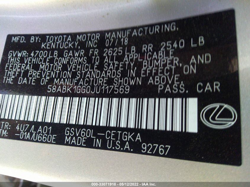 2018 LEXUS ES ES 350 58ABK1GG0JU117569