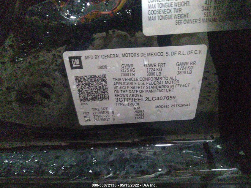 2020 GMC SIERRA 1500 AT4 3GTP9EEL2LG407659