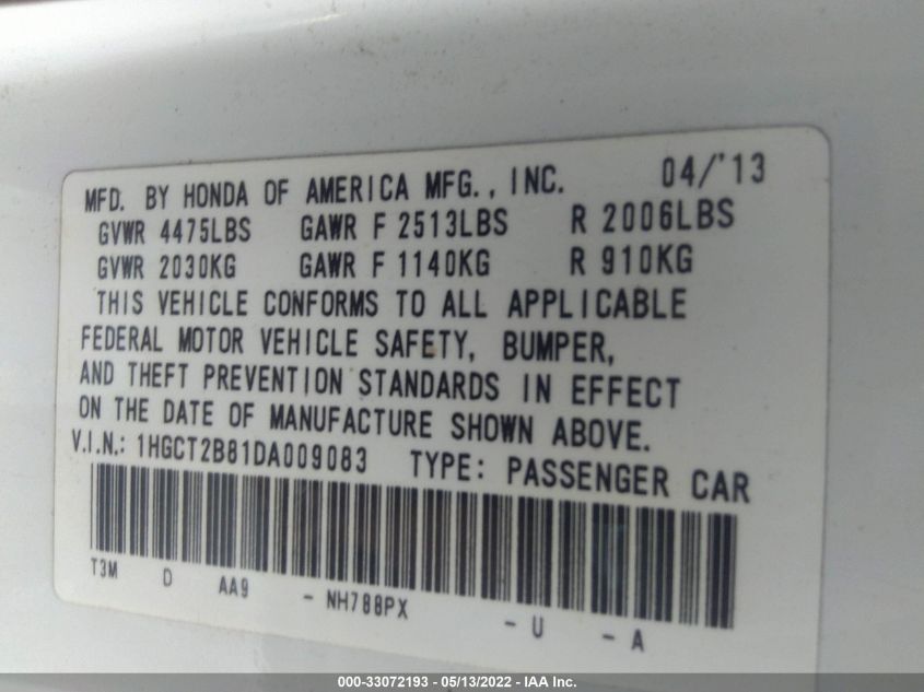 2013 HONDA ACCORD CPE EX-L 1HGCT2B81DA009083