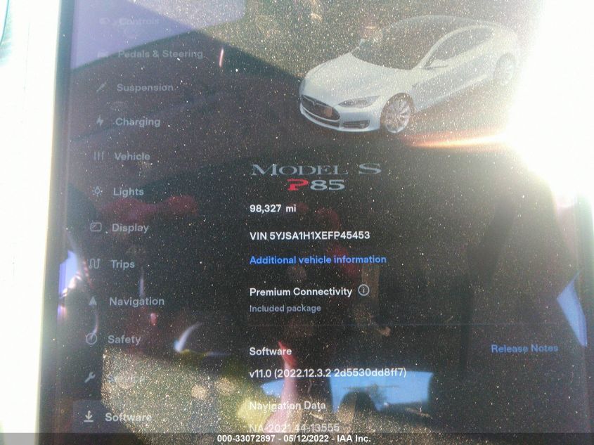 2014 TESLA MODEL S 60 KWH BATTERY/P85 5YJSA1H1XEFP45453