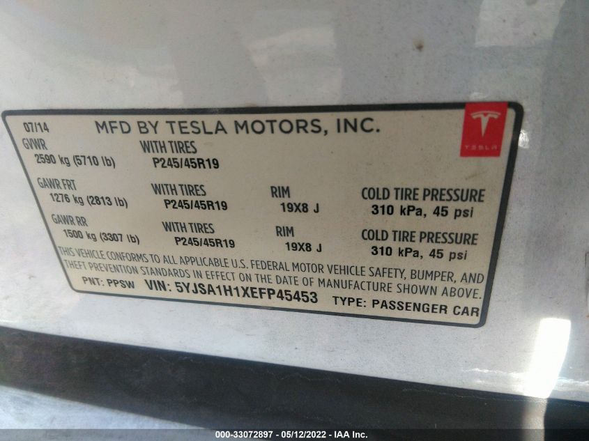 2014 TESLA MODEL S 60 KWH BATTERY/P85 5YJSA1H1XEFP45453