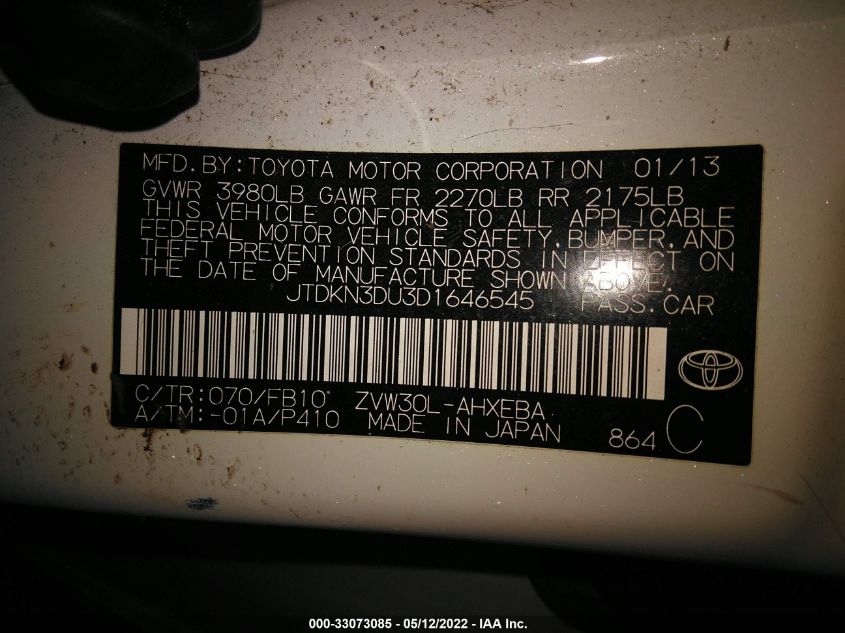 2013 TOYOTA PRIUS ONE/TWO/THREE/FOUR/FIVE JTDKN3DU3D1646545