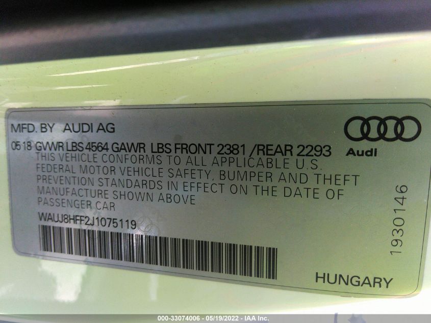 2018 AUDI A3 SEDAN PREMIUM PLUS WAUJ8HFF2J1075119