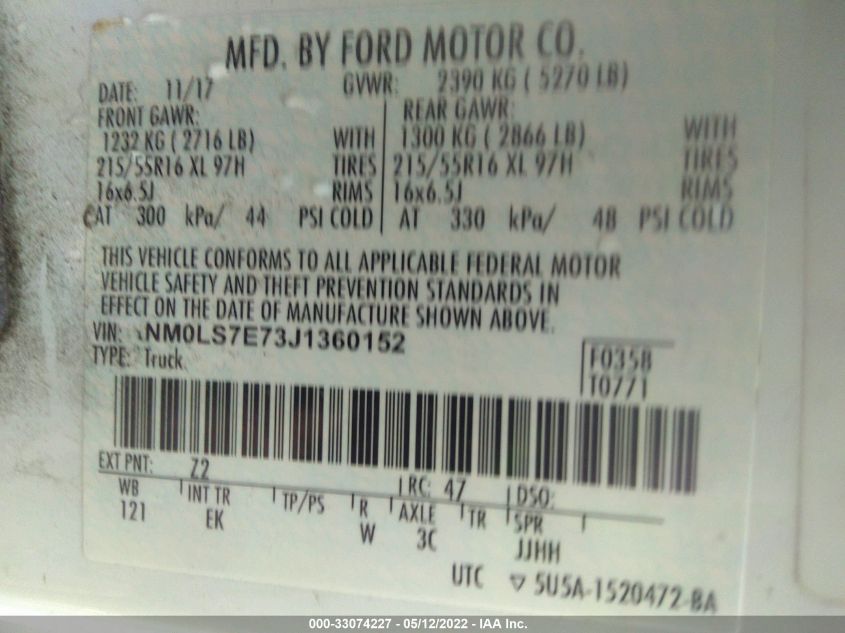 2018 FORD TRANSIT CONNECT VAN XL NM0LS7E73J1360152