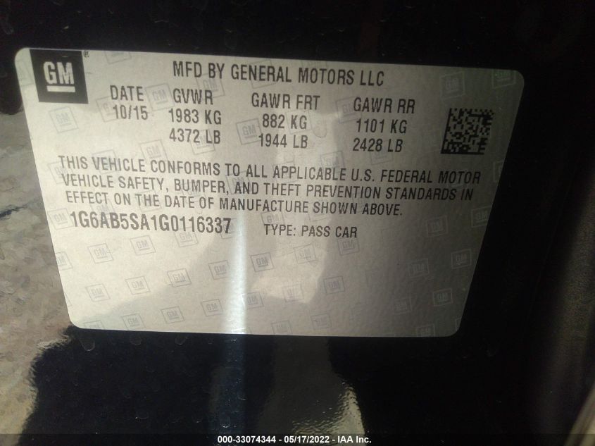 2016 CADILLAC ATS SEDAN LUXURY 1G6AB5SA1G0116337