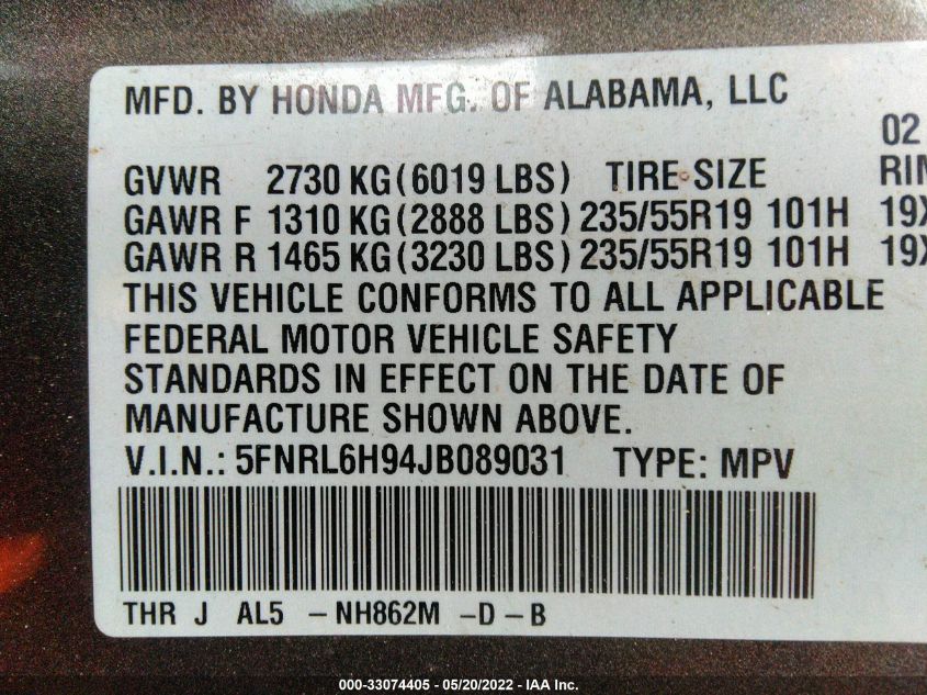 2018 HONDA ODYSSEY ELITE 5FNRL6H94JB089031