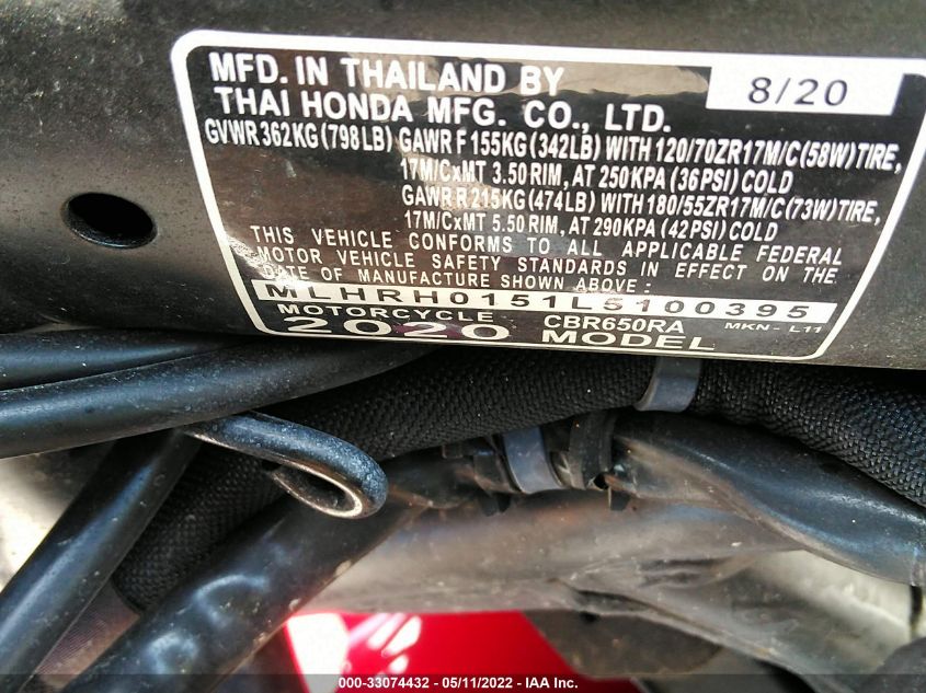 2020 HONDA CBR650 RA MLHRH0151L5100395