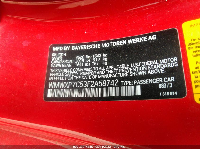 2015 MINI COOPER HARDTOP S WMWXP7C53F2A58742