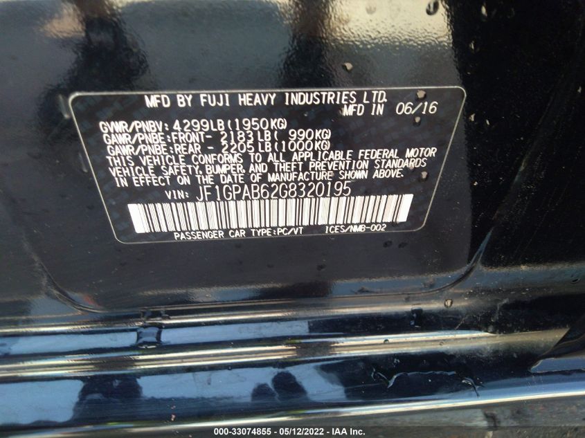 2016 SUBARU IMPREZA WAGON 2.0I PREMIUM JF1GPAB62G8320195