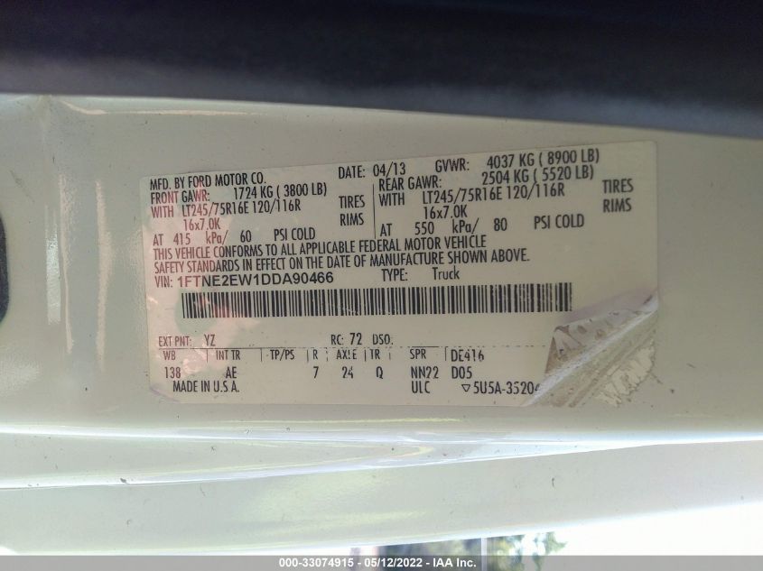 2013 FORD ECONOLINE CARGO VAN COMMERCIAL/RECREATIONAL 1FTNE2EW1DDA90466