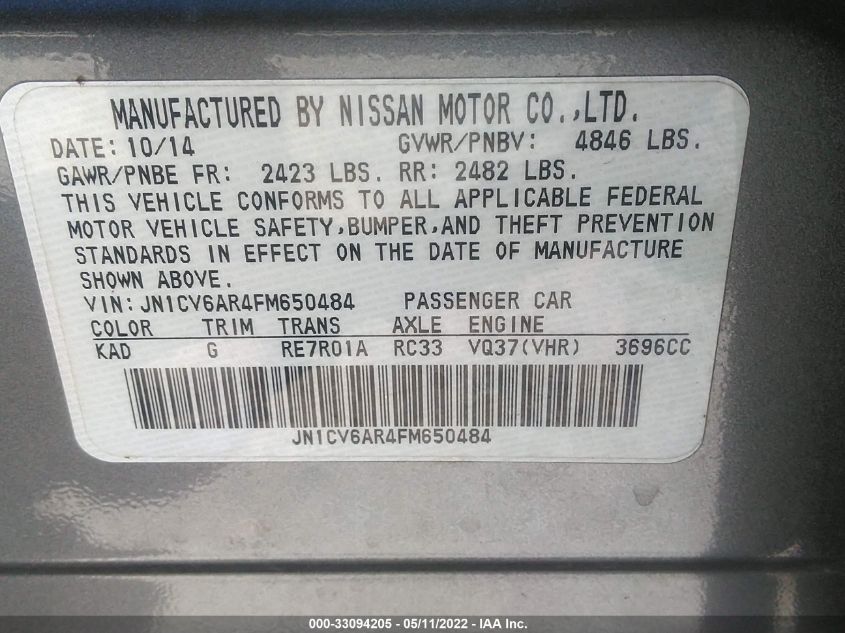2015 INFINITI Q40 JN1CV6AR4FM650484