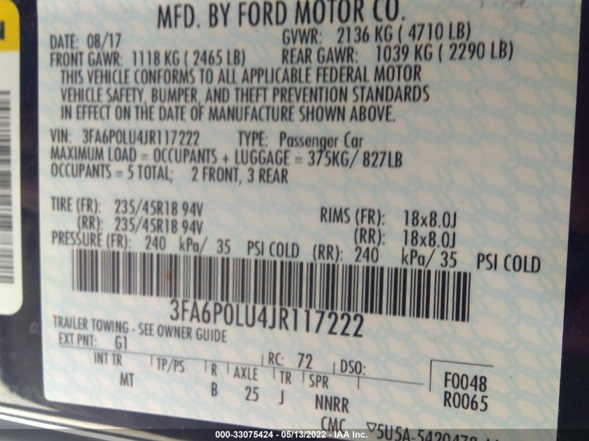 2018 FORD FUSION HYBRID SE 3FA6P0LU4JR117222