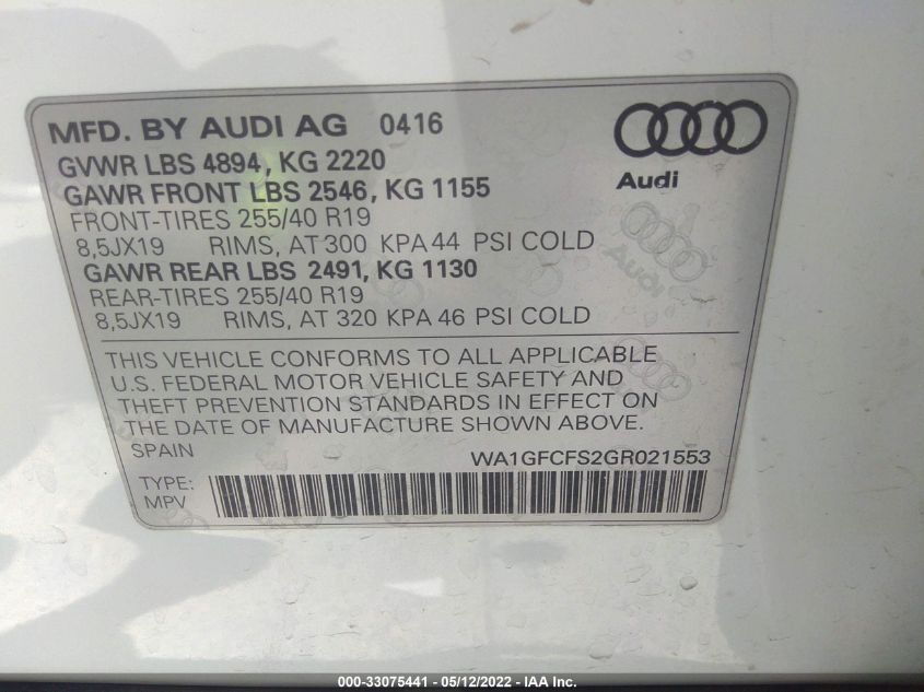 2016 AUDI Q3 PRESTIGE WA1GFCFS2GR021553