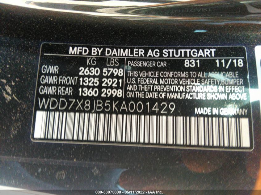 2019 MERCEDES-BENZ AMG GT AMG GT 63 WDD7X8JB5KA001429
