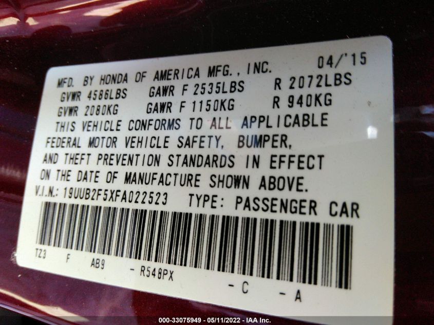 2015 ACURA TLX TECH 19UUB2F5XFA022523