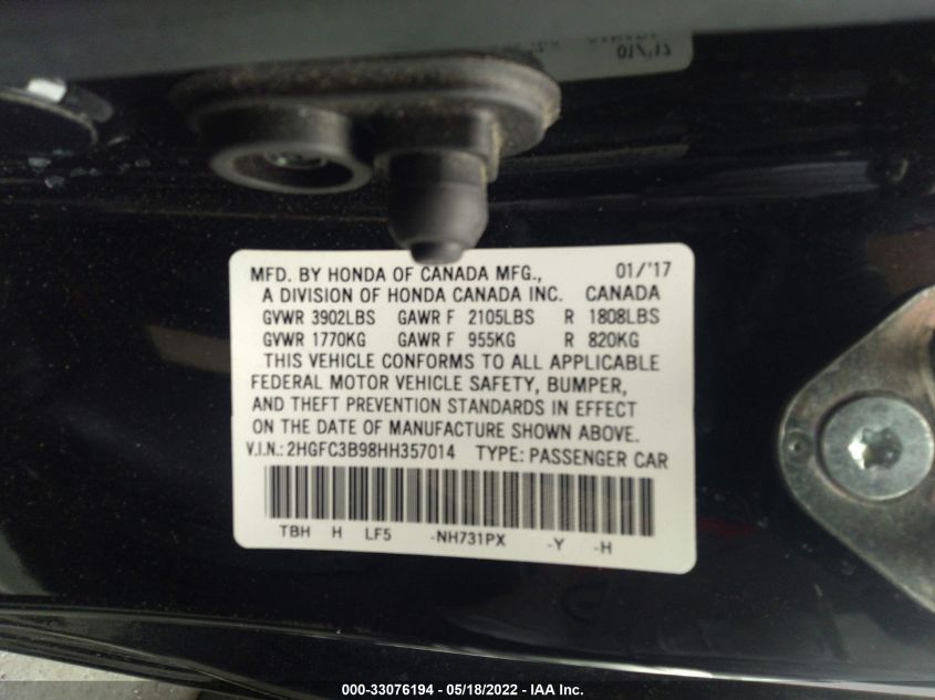 2017 HONDA CIVIC COUPE TOURING 2HGFC3B98HH357014