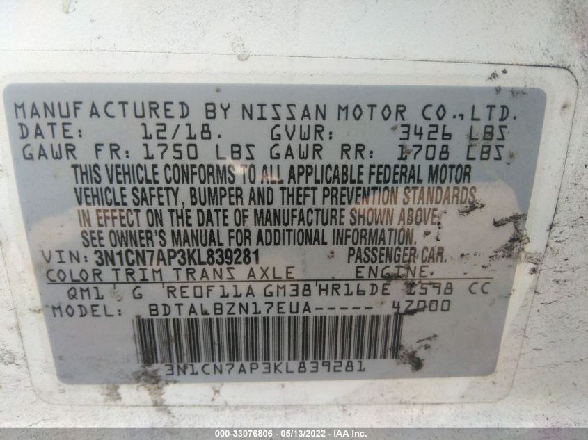 2019 NISSAN VERSA SEDAN SV 3N1CN7AP3KL839281