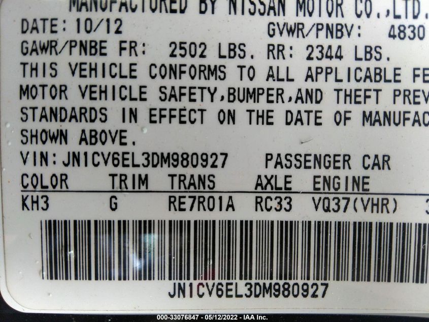 2013 INFINITI G37 COUPE X JN1CV6EL3DM980927