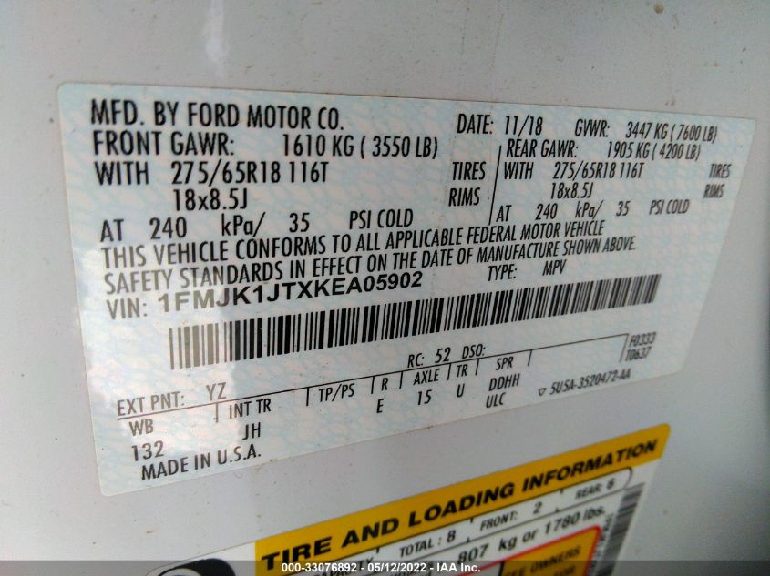 2019 FORD EXPEDITION MAX XLT 1FMJK1JTXKEA05902