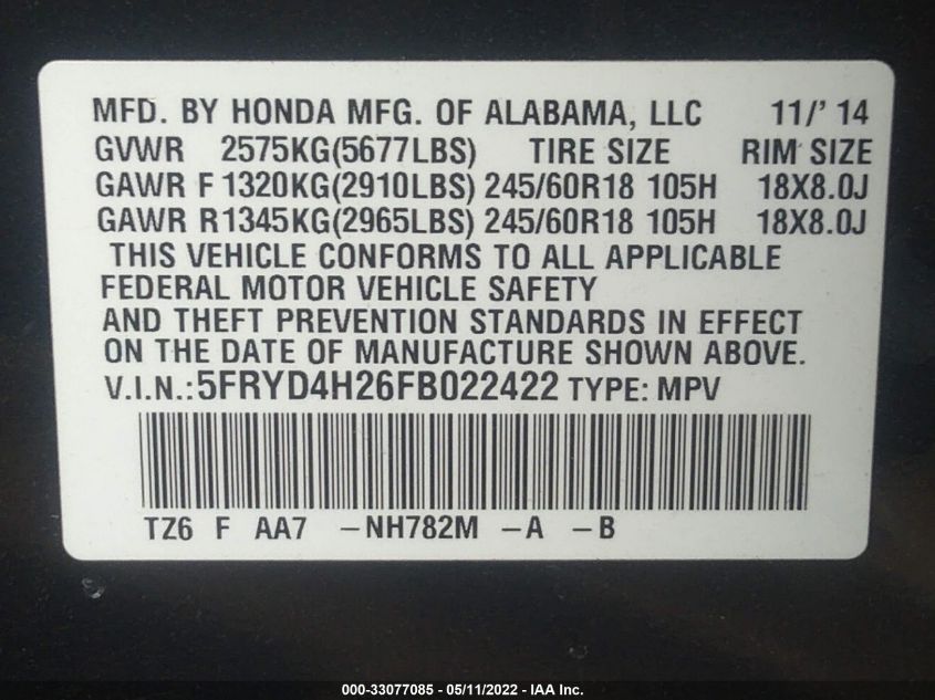 2015 ACURA MDX 5FRYD4H26FB022422