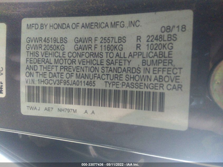2018 HONDA ACCORD HYBRID TOURING 1HGCV3F95JA011465