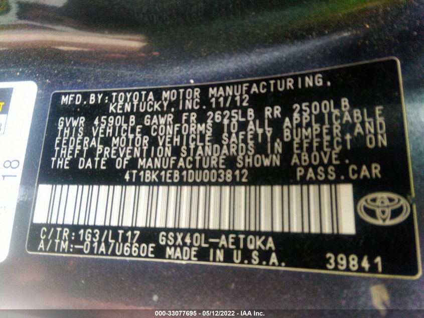 2013 TOYOTA AVALON XLE/LIMITED 4T1BK1EB1DU003812
