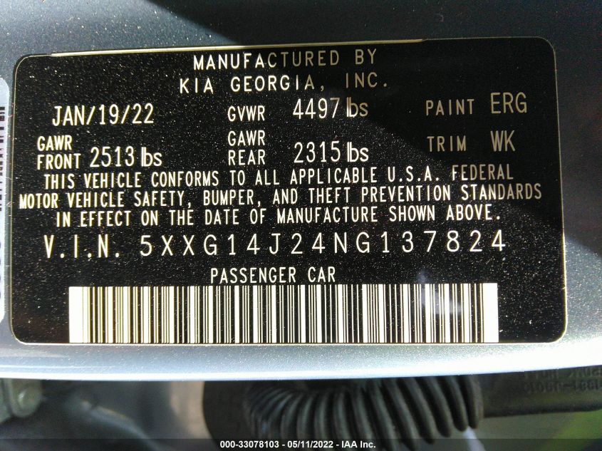 2022 KIA K5 LXS 5XXG14J24NG137824