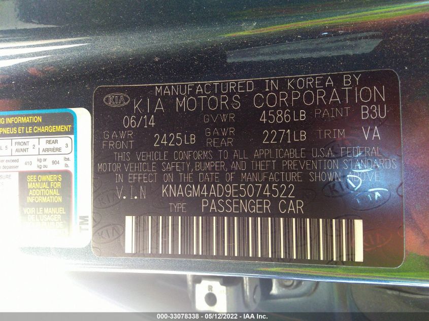2014 KIA OPTIMA HYBRID LX KNAGM4AD9E5074522