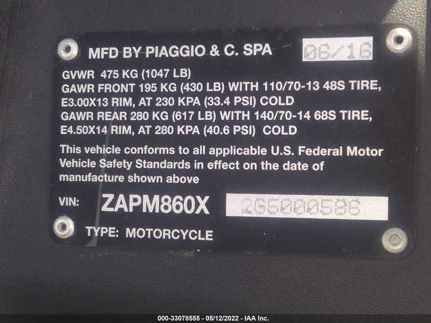 2016 PIAGGIO MP3 500 SPORT ABS ZAPM860X2G5000586