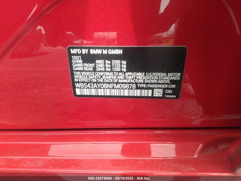 2022 BMW M3 COMPETITION XDRIVE WBS43AY08NFM09878