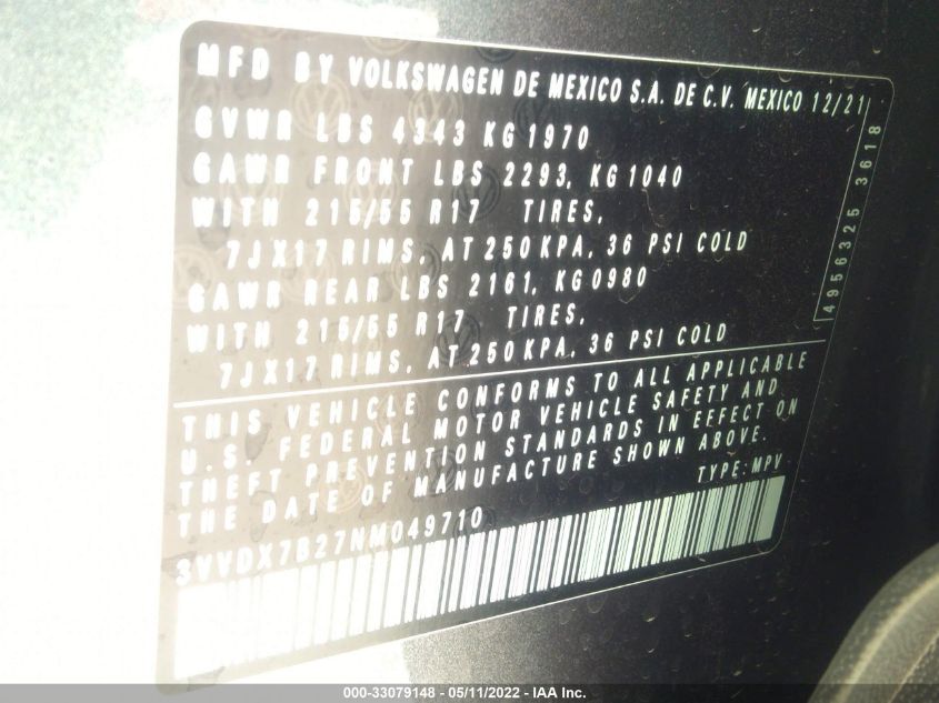 2022 VOLKSWAGEN TAOS S 3VVDX7B27NM049710