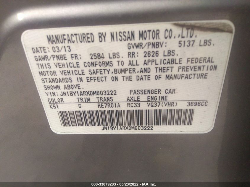 2013 INFINITI M37 JN1BY1ARXDM603222
