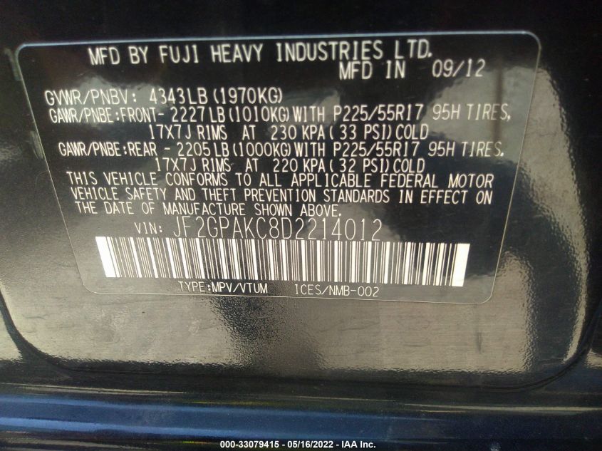 2013 SUBARU XV CROSSTREK LIMITED JF2GPAKC8D2214012