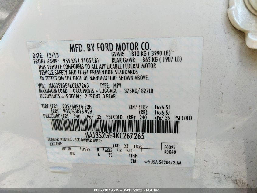 2019 FORD ECOSPORT SE MAJ3S2GE4KC267265