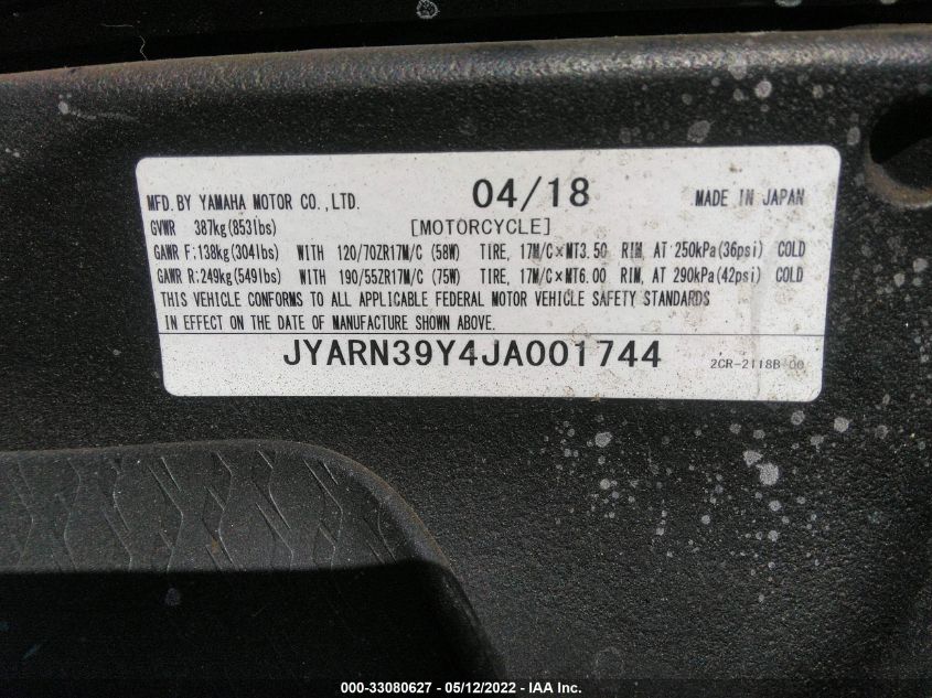 2018 YAMAHA YZFR1 C JYARN39Y4JA001744