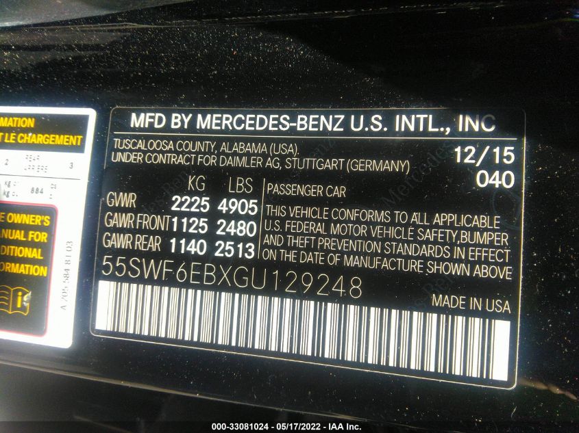 2016 MERCEDES-BENZ C-CLASS 450 4MATIC AMG 55SWF6EBXGU129248