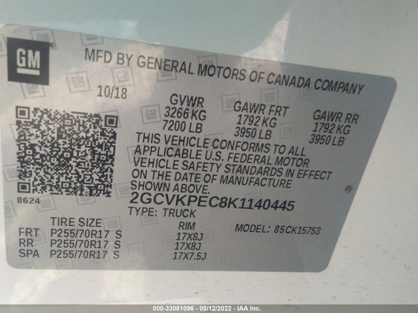 2019 CHEVROLET SILVERADO 1500 LD LT 2GCVKPEC8K1140445