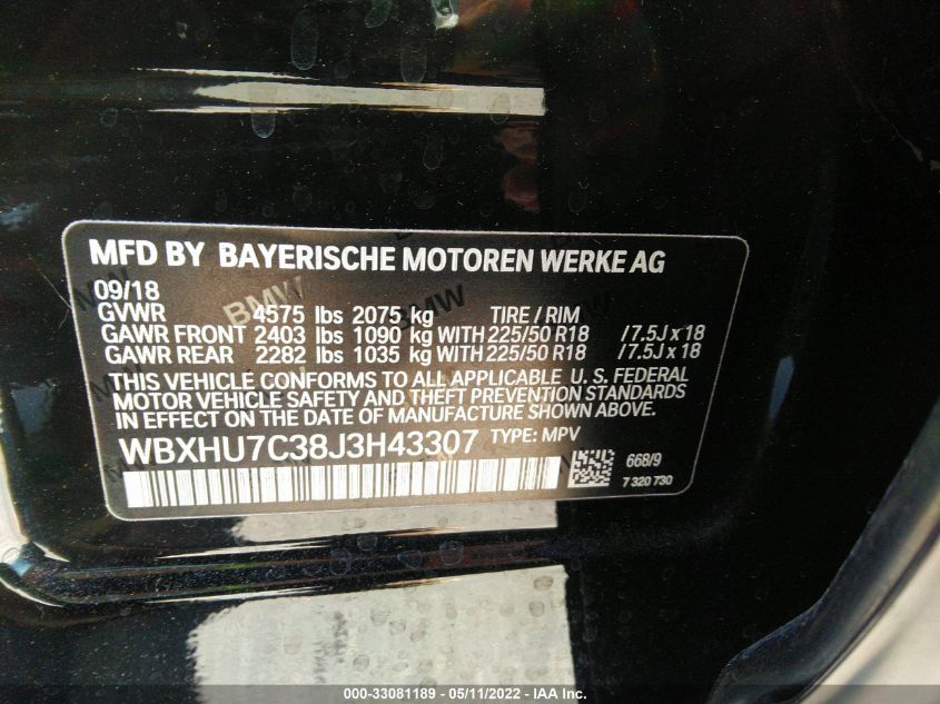 2018 BMW X1 SDRIVE28I WBXHU7C38J3H43307